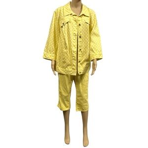 Set CJ Christopher Banks Yellow White Polka Dot Jean Jacket 2X Cropped Pants 14